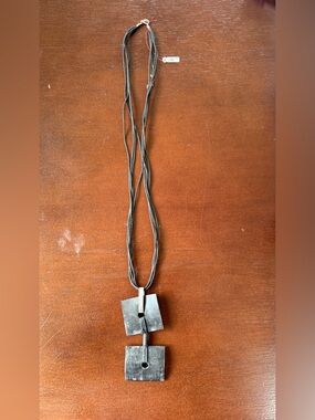 Long Black Cord Necklace with Square Pendant